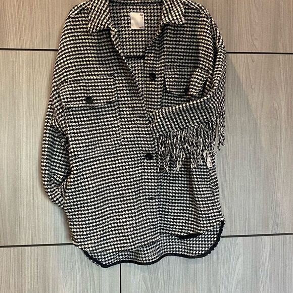 NEW Black & White houndstooth jacket with fringe and pockets Large NWT - Picture 4 of 11